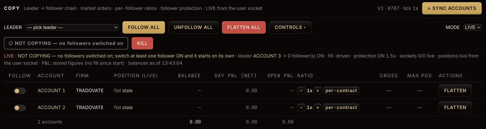 The copy trading screen: leader picker, follow and unfollow controls, and follower accounts with per-follower ratios.